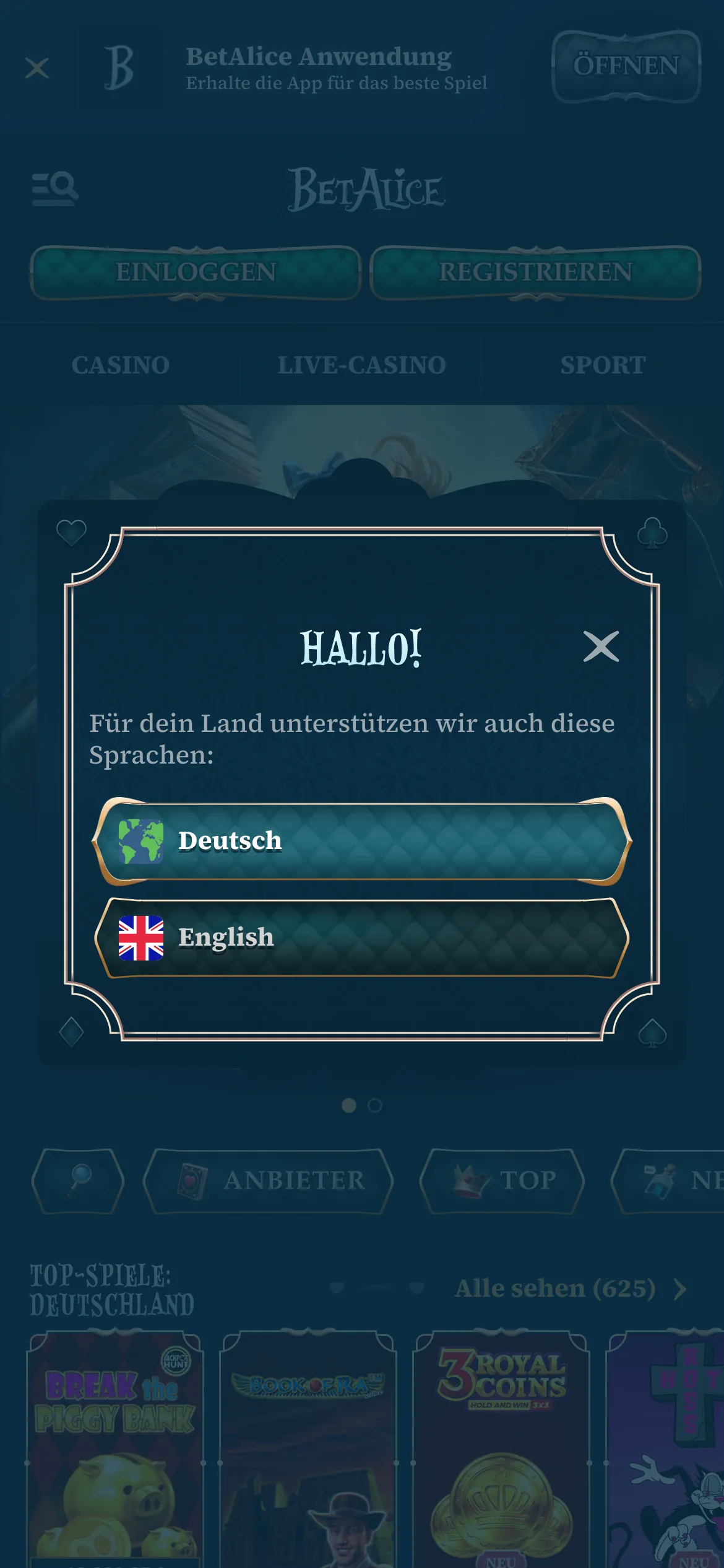 BetAlice Casino mobile lobby screenshot